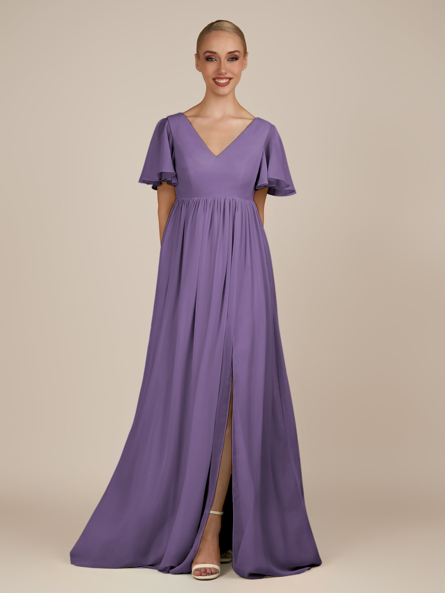 KissDress-Junia Tahiti A Line V Neck Chiffon Cap Sleeves Long Bridesmaid Dress with Slit