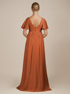 KissDress-Junia Terracotta A Line V Neck Chiffon Cap Sleeves Long Bridesmaid Dress with Slit