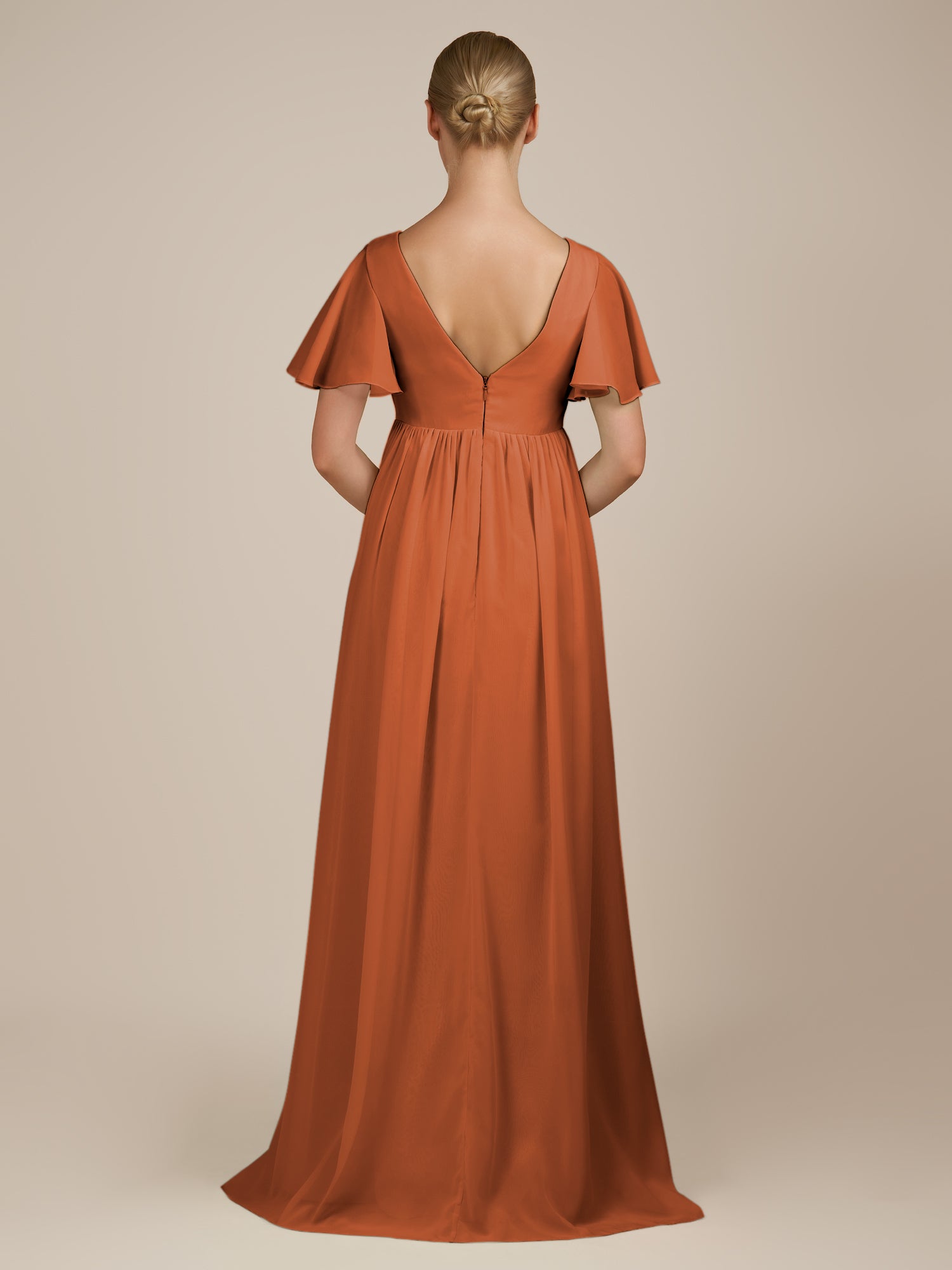 KissDress-Junia Terracotta A Line V Neck Chiffon Cap Sleeves Long Bridesmaid Dress with Slit