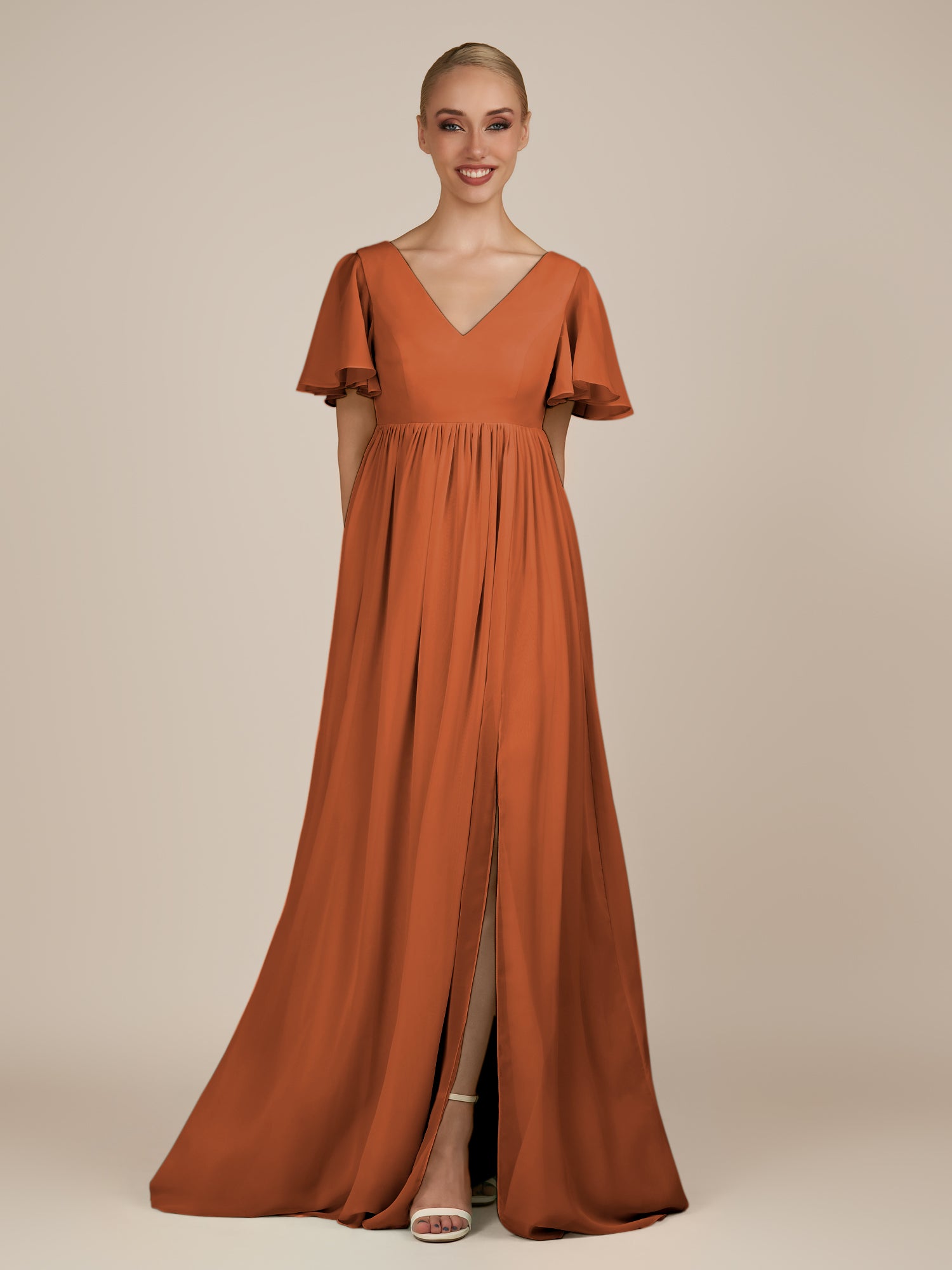 KissDress-Junia Terracotta A Line V Neck Chiffon Cap Sleeves Long Bridesmaid Dress with Slit