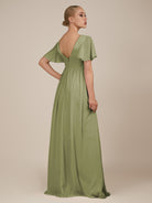 KissDress-Junia Thyme A Line V Neck Chiffon Cap Sleeves Long Bridesmaid Dress with Slit
