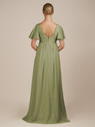 KissDress-Junia Thyme A Line V Neck Chiffon Cap Sleeves Long Bridesmaid Dress with Slit