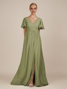 KissDress-Junia Thyme A Line V Neck Chiffon Cap Sleeves Long Bridesmaid Dress with Slit