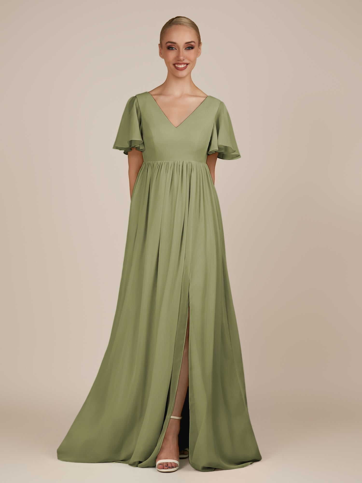 KissDress-Junia Thyme A Line V Neck Chiffon Cap Sleeves Long Bridesmaid Dress with Slit