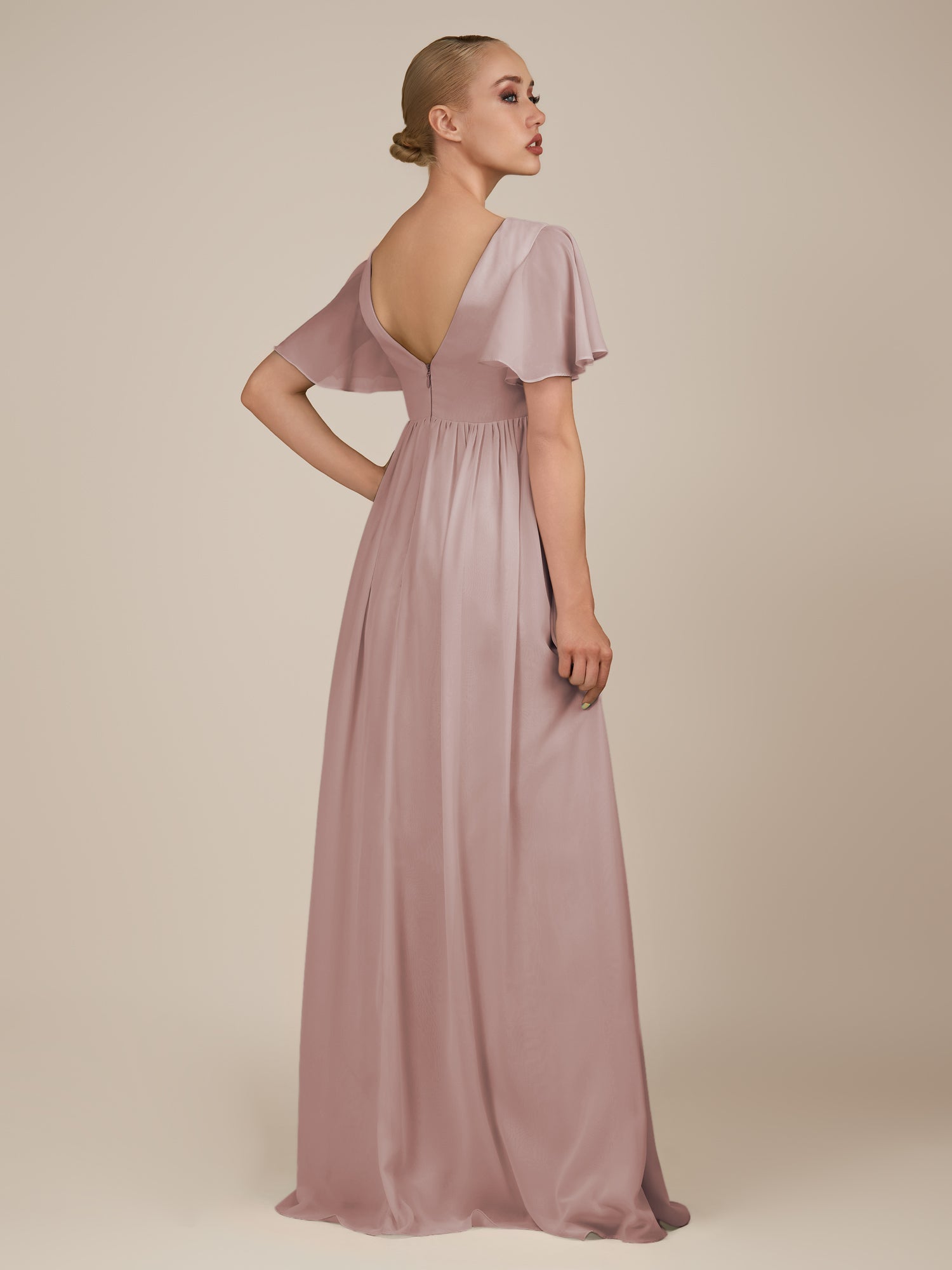 KissDress-Junia Toffee A Line V Neck Chiffon Cap Sleeves Long Bridesmaid Dress with Slit