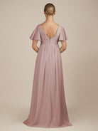 KissDress-Junia Toffee A Line V Neck Chiffon Cap Sleeves Long Bridesmaid Dress with Slit