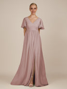 KissDress-Junia Toffee A Line V Neck Chiffon Cap Sleeves Long Bridesmaid Dress with Slit