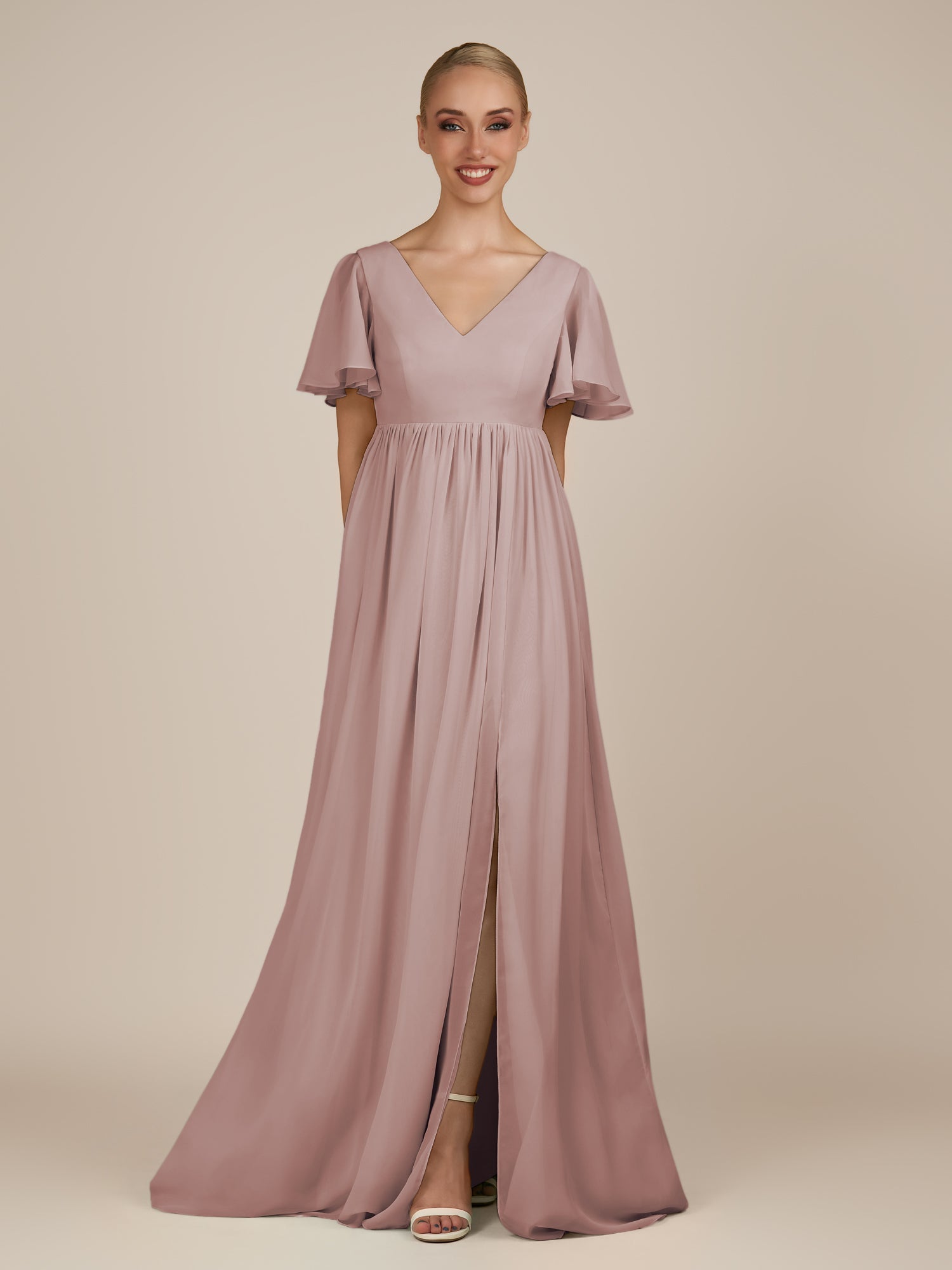 KissDress-Junia Toffee A Line V Neck Chiffon Cap Sleeves Long Bridesmaid Dress with Slit