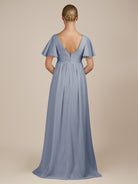 KissDress-Junia Twilight A Line V Neck Chiffon Cap Sleeves Long Bridesmaid Dress with Slit