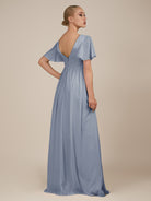 KissDress-Junia Twilight A Line V Neck Chiffon Cap Sleeves Long Bridesmaid Dress with Slit