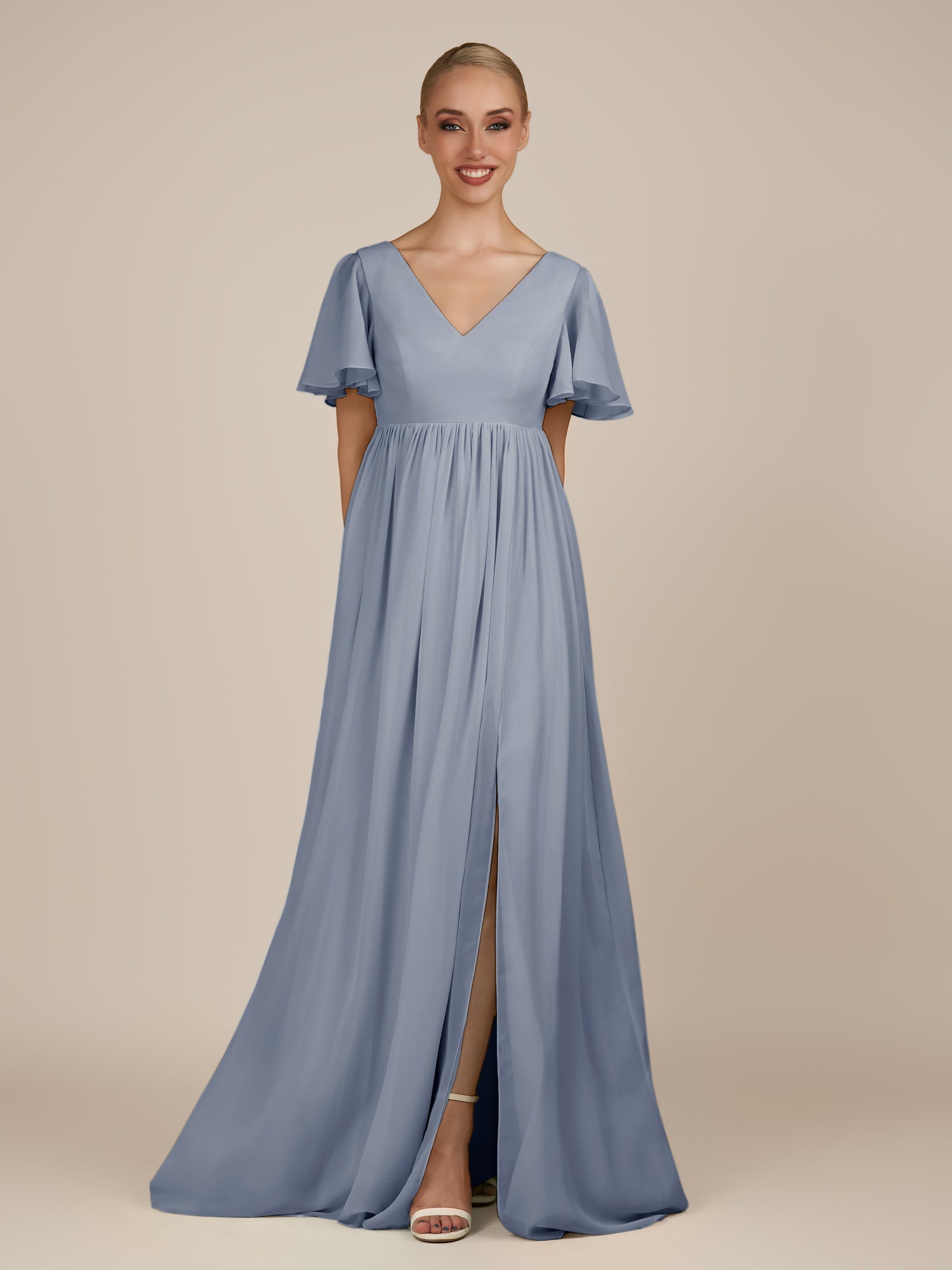 KissDress-Junia Twilight A Line V Neck Chiffon Cap Sleeves Long Bridesmaid Dress with Slit