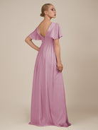KissDress-Junia Vintage Mauve A Line V Neck Chiffon Cap Sleeves Long Bridesmaid Dress with Slit