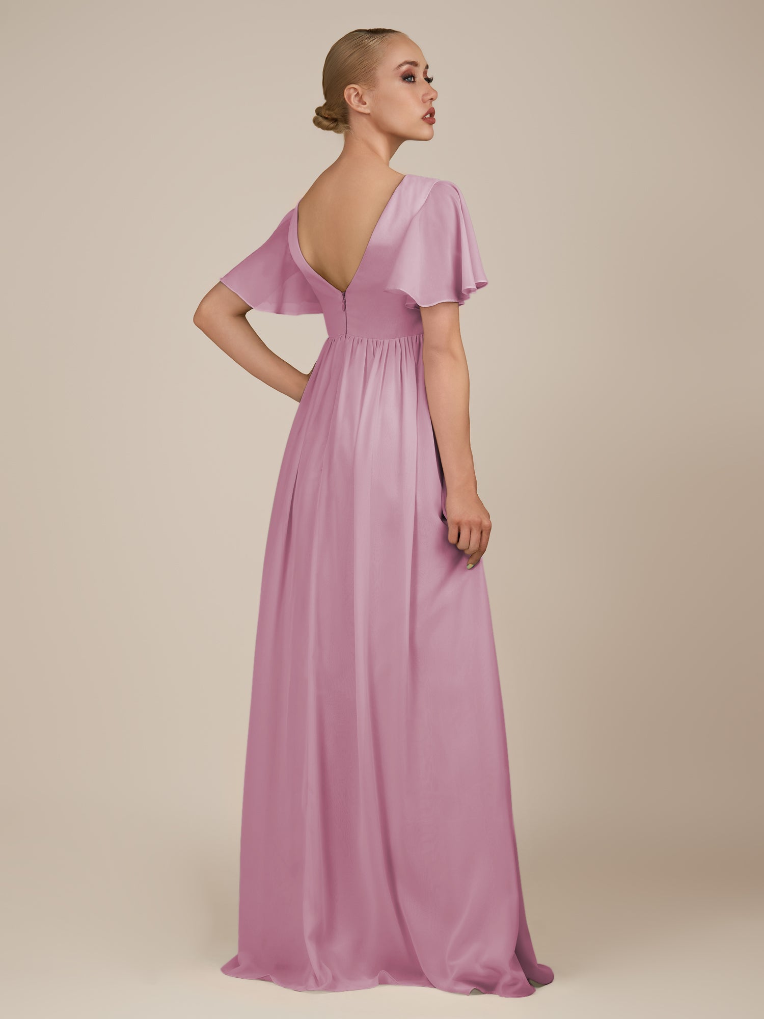 KissDress-Junia Vintage Mauve A Line V Neck Chiffon Cap Sleeves Long Bridesmaid Dress with Slit