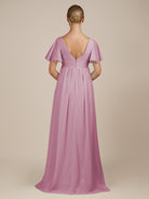 KissDress-Junia Vintage Mauve A Line V Neck Chiffon Cap Sleeves Long Bridesmaid Dress with Slit