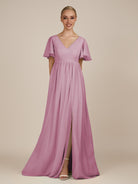 KissDress-Junia Vintage Mauve A Line V Neck Chiffon Cap Sleeves Long Bridesmaid Dress with Slit