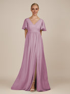 KissDress-Junia Wisteria A Line V Neck Chiffon Cap Sleeves Long Bridesmaid Dress with Slit