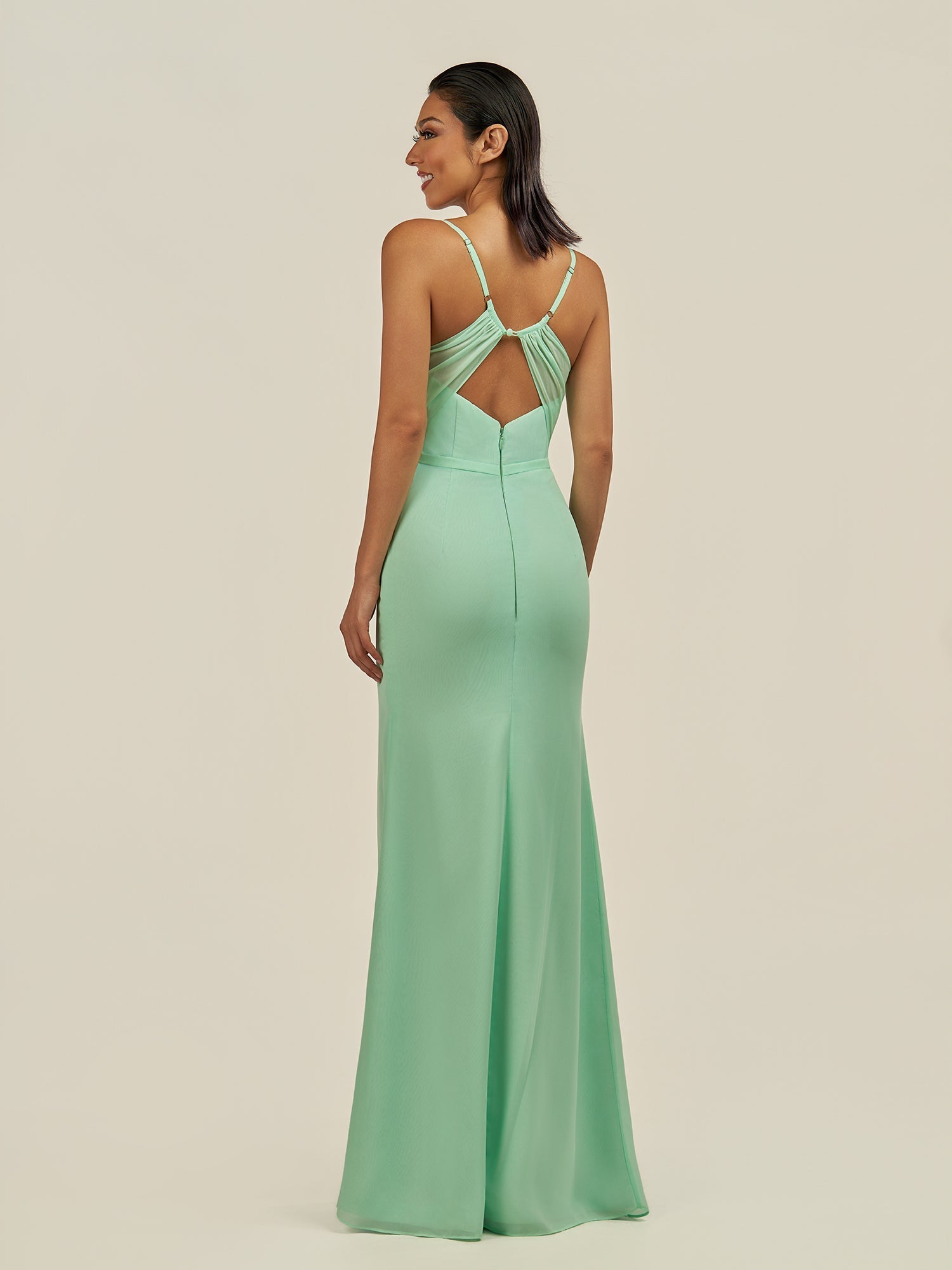 KissDress-Kaelin Pale Pistachio Sheath Chiffon V Neck Long Bridesmaid Dress with Slit
