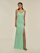KissDress-Kaelin Pale Pistachio Sheath Chiffon V Neck Long Bridesmaid Dress with Slit