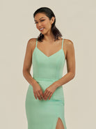 KissDress-Kaelin Pale Pistachio Sheath Chiffon V Neck Long Bridesmaid Dress with Slit