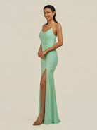 KissDress-Kaelin Pale Pistachio Sheath Chiffon V Neck Long Bridesmaid Dress with Slit