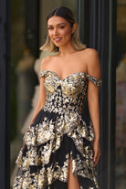 Kaira | Gold Off the Shoulder Sequin Long Prom Dress with Slit - KissProm