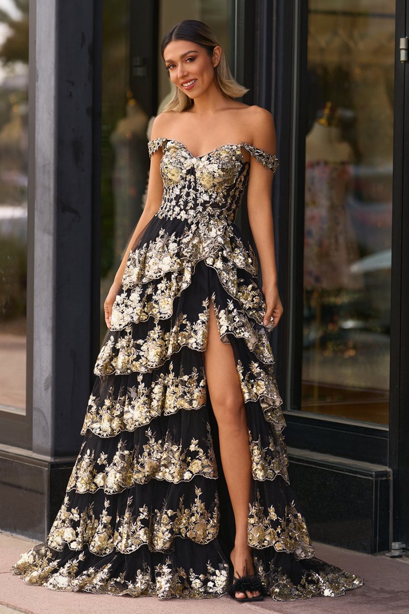 Kaira | Gold Off the Shoulder Sequin Long Prom Dress with Slit - KissProm