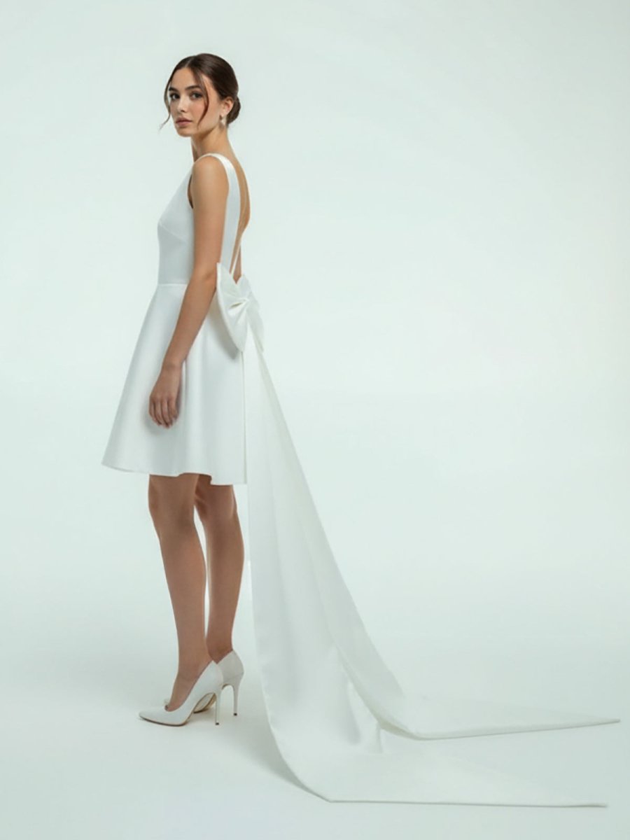 KissDress-Karelia  A-Line Satin V-Neck Short Wedding Dress with Large Bow