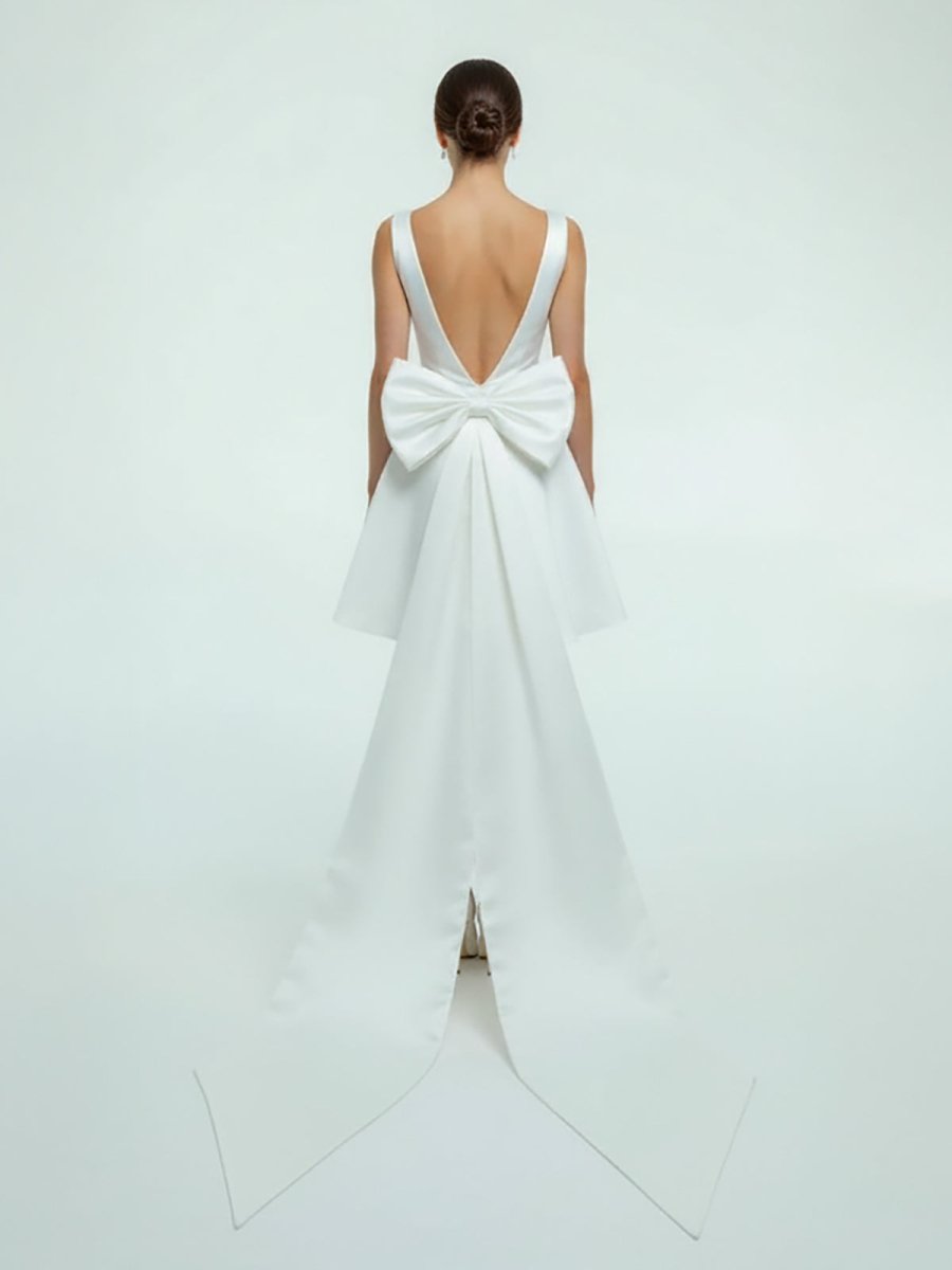 KissDress-Karelia  A-Line Satin V-Neck Short Wedding Dress with Large Bow