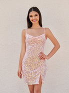 Kelis | Pink - Sheath Scoop Neck Beaded Short Homecoming Dresses with Slit - KissProm