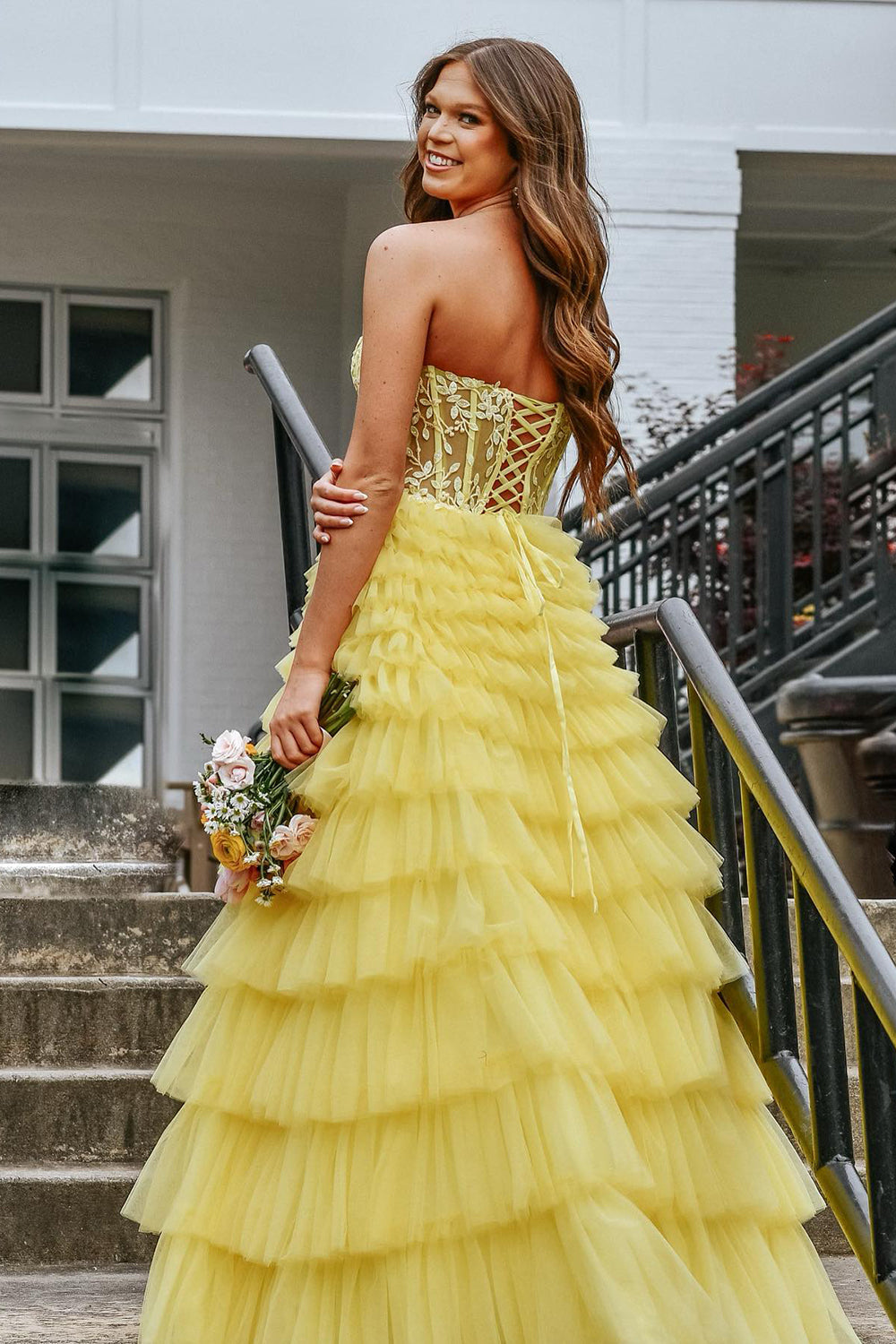 Yellow Sweeteart A Line Tiered Tulle Long Prom Dress