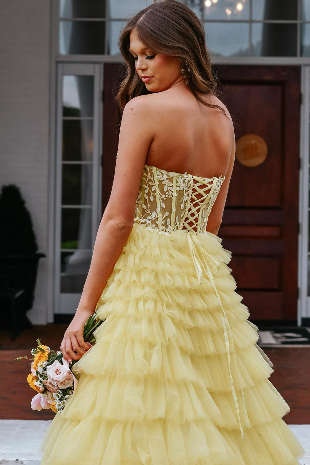 Yellow Sweeteart A Line Tiered Tulle Long Prom Dress