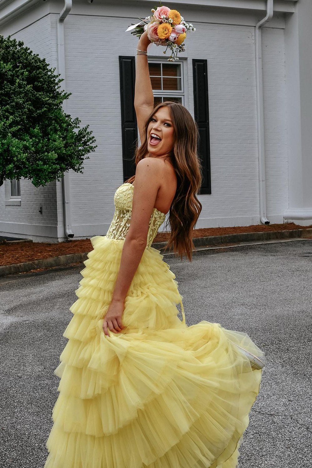Yellow Sweeteart A Line Tiered Tulle Long Prom Dress