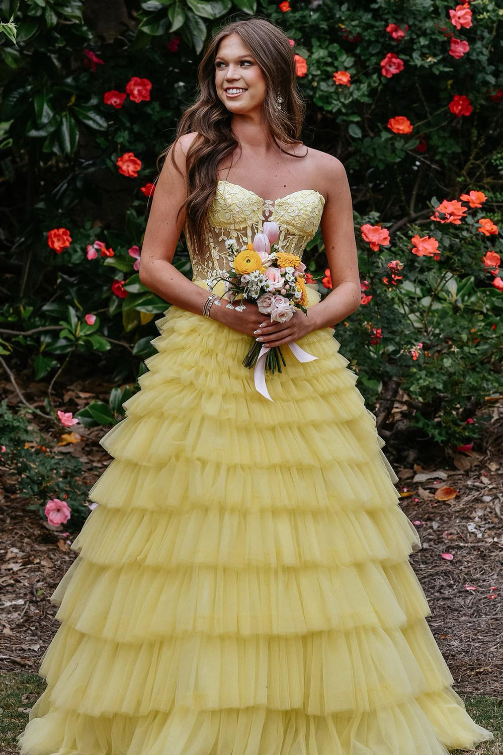 Yellow Sweeteart A Line Tiered Tulle Long Prom Dress