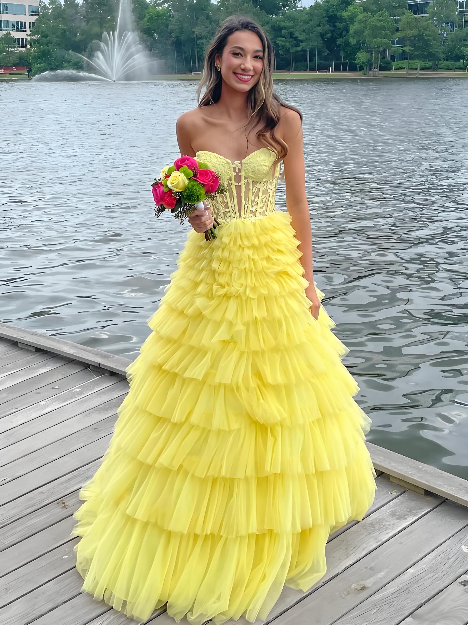 Yellow Sweeteart A Line Tiered Tulle Long Prom Dress