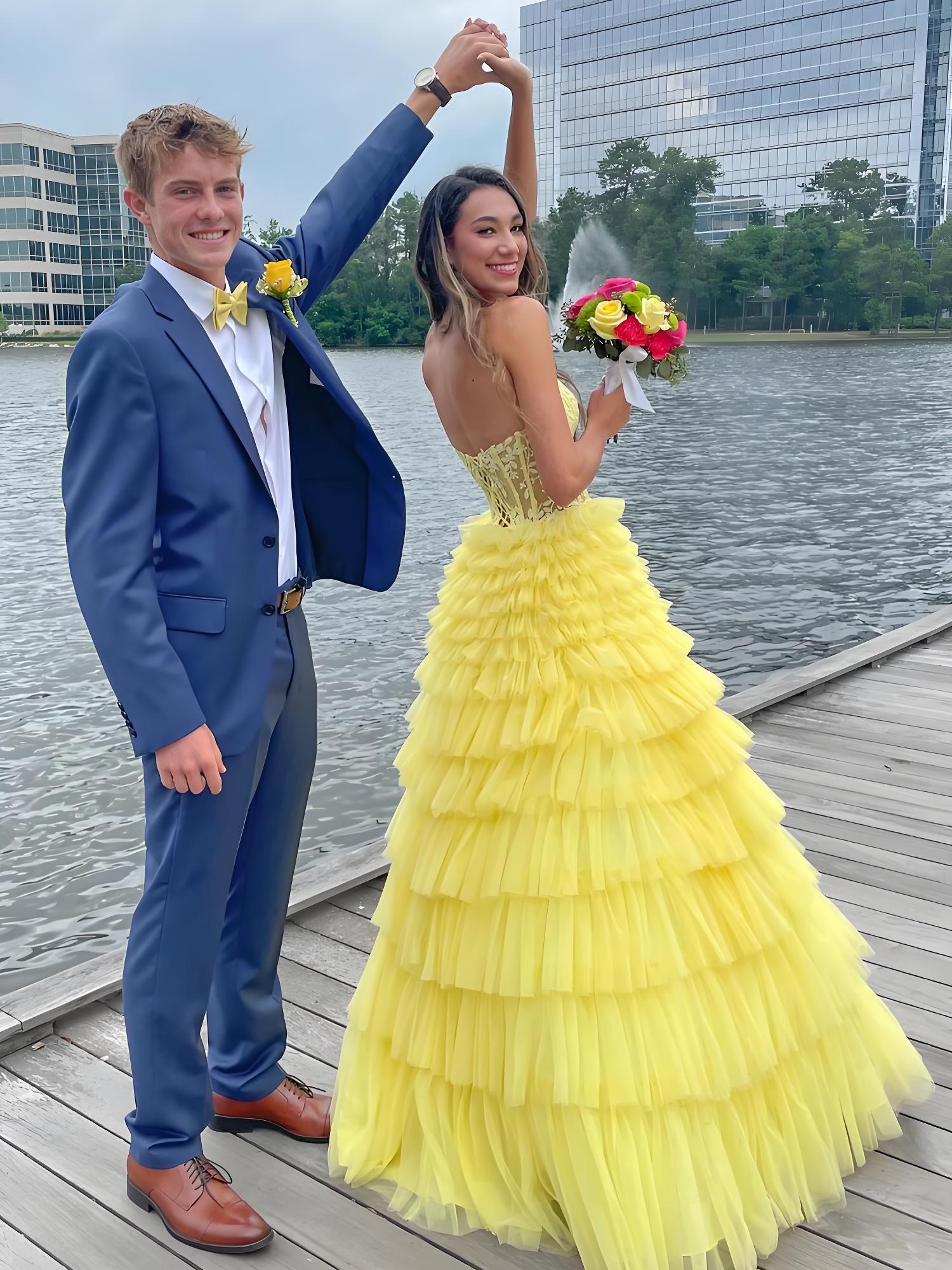Yellow Sweeteart A Line Tiered Tulle Long Prom Dress