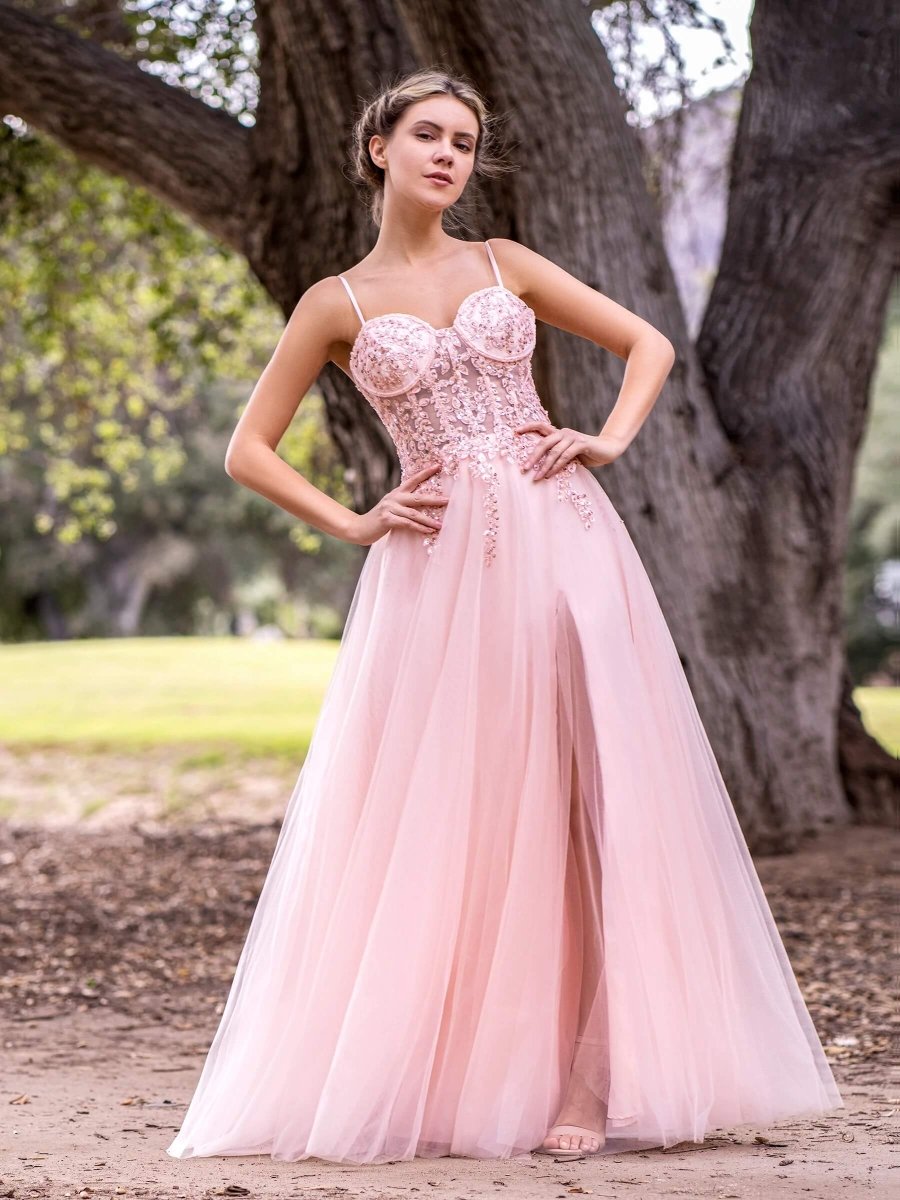 A line Spaghetti Straps Lace Floor Length Tulle Prom Dress with Slit - KissProm