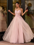 A line Spaghetti Straps Lace Floor Length Tulle Prom Dress with Slit - KissProm