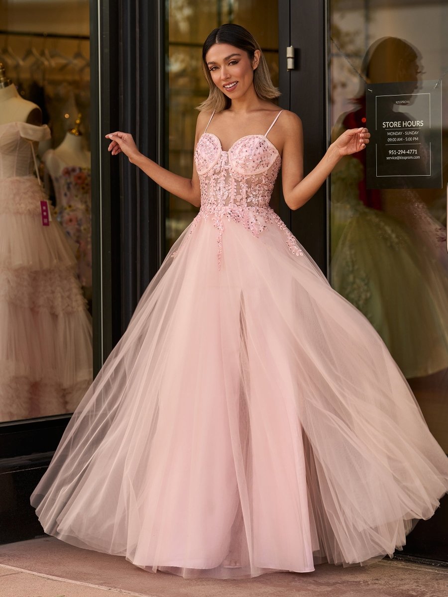 A line Spaghetti Straps Lace Floor Length Tulle Prom Dress with Slit - KissProm