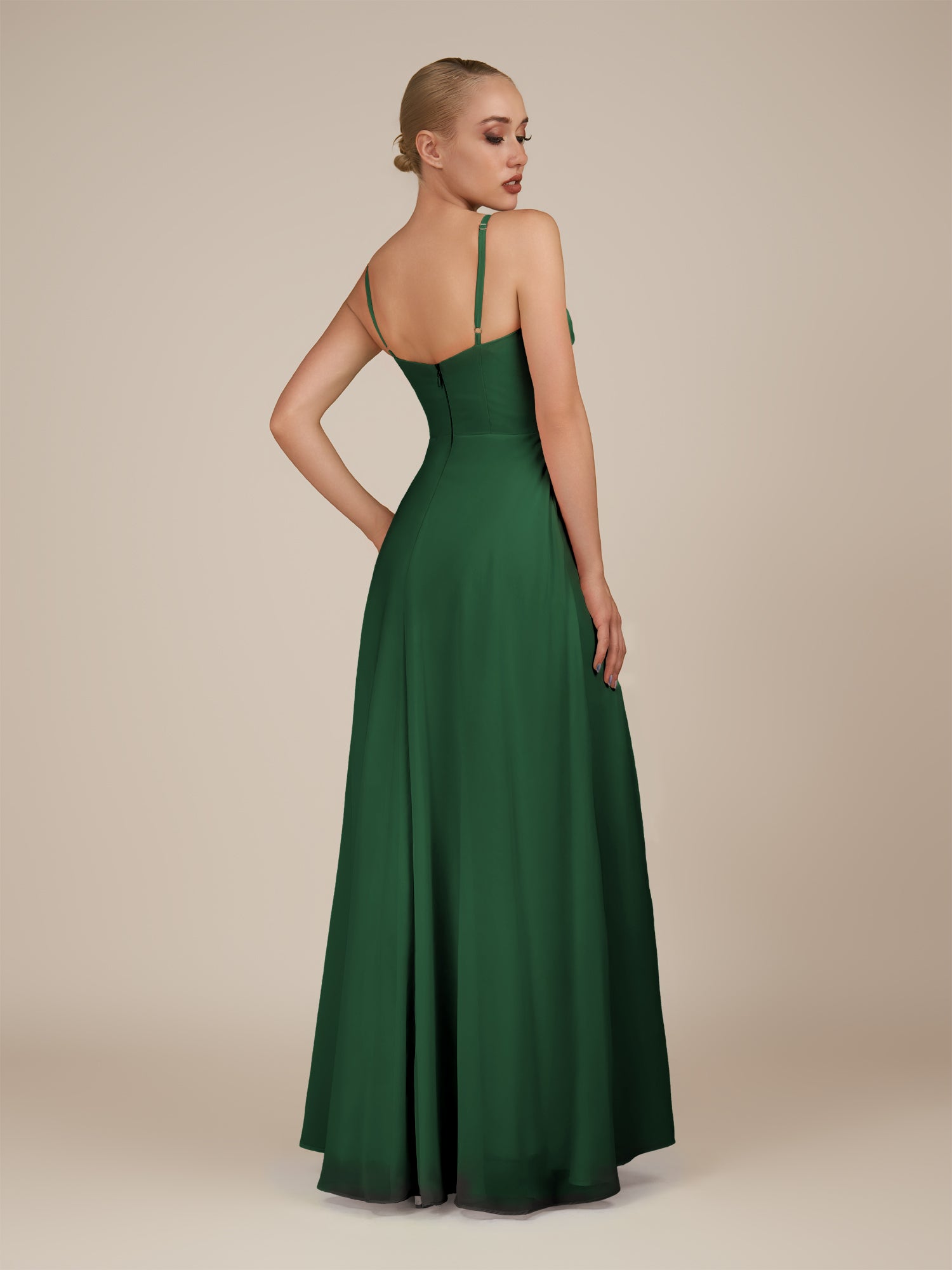 KissDress-Lavatera Dark Green A Line Chiffon V Neck Long Bridesmaid Dress with Ruffles