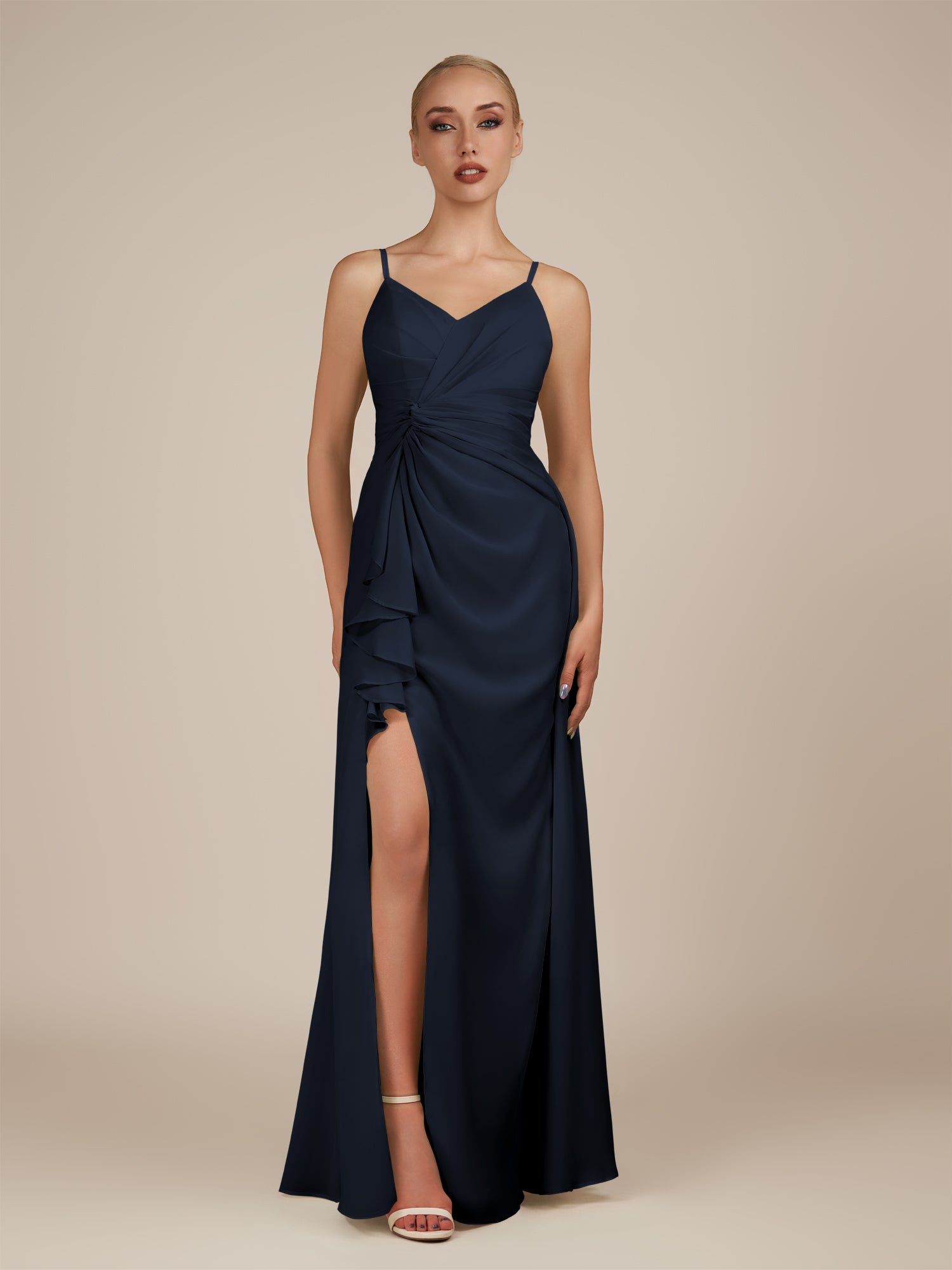 KissDress-Lavatera Dark Navy A Line Chiffon V Neck Long Bridesmaid Dress with Ruffles