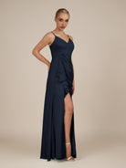 KissDress-Lavatera Dark Navy A Line Chiffon V Neck Long Bridesmaid Dress with Ruffles