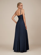 KissDress-Lavatera Dark Navy A Line Chiffon V Neck Long Bridesmaid Dress with Ruffles