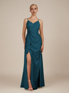 KissDress-Lavatera Dark Teal A Line Chiffon V Neck Long Bridesmaid Dress with Ruffles