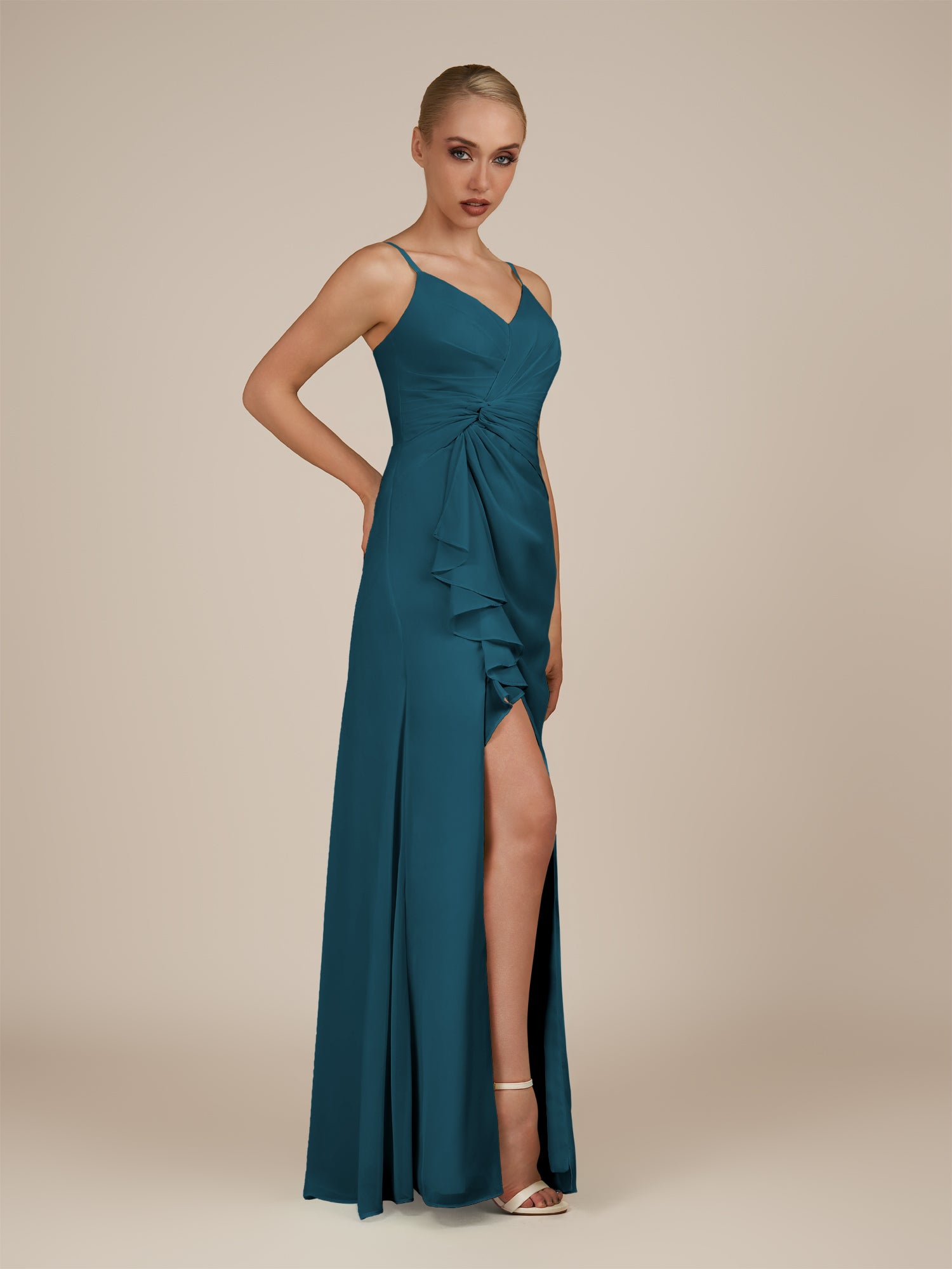 KissDress-Lavatera Dark Teal A Line Chiffon V Neck Long Bridesmaid Dress with Ruffles
