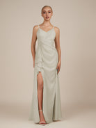 KissDress-Lavatera Dove Gray A Line Chiffon V Neck Long Bridesmaid Dress with Ruffles