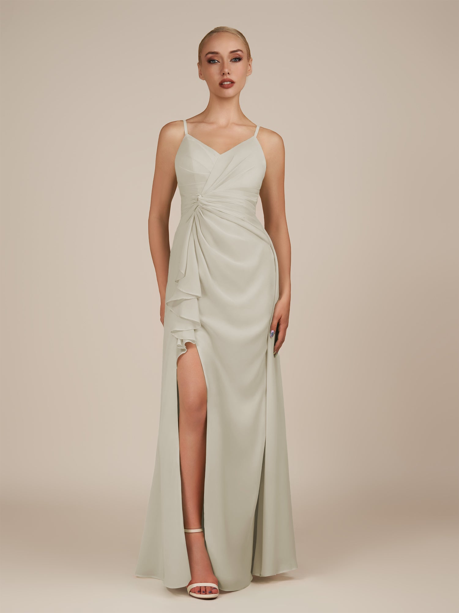 KissDress-Lavatera Dove Gray A Line Chiffon V Neck Long Bridesmaid Dress with Ruffles