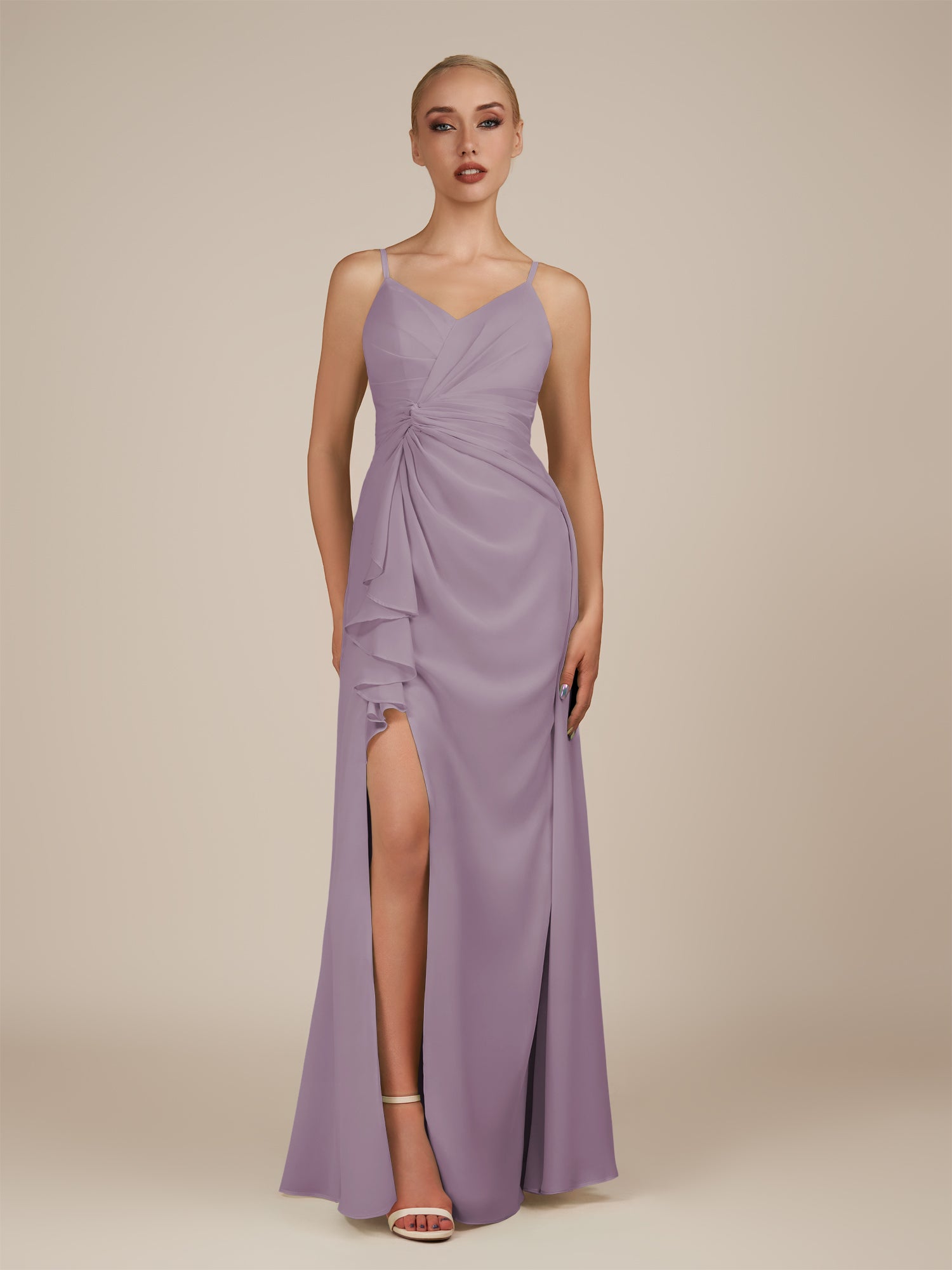 KissDress-Lavatera Dusk A Line Chiffon V Neck Long Bridesmaid Dress with Ruffles