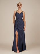 KissDress-Lavatera Dusk Blue A Line Chiffon V Neck Long Bridesmaid Dress with Ruffles