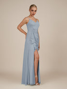 KissDress-Lavatera Dusty Blue A Line Chiffon V Neck Long Bridesmaid Dress with Ruffles