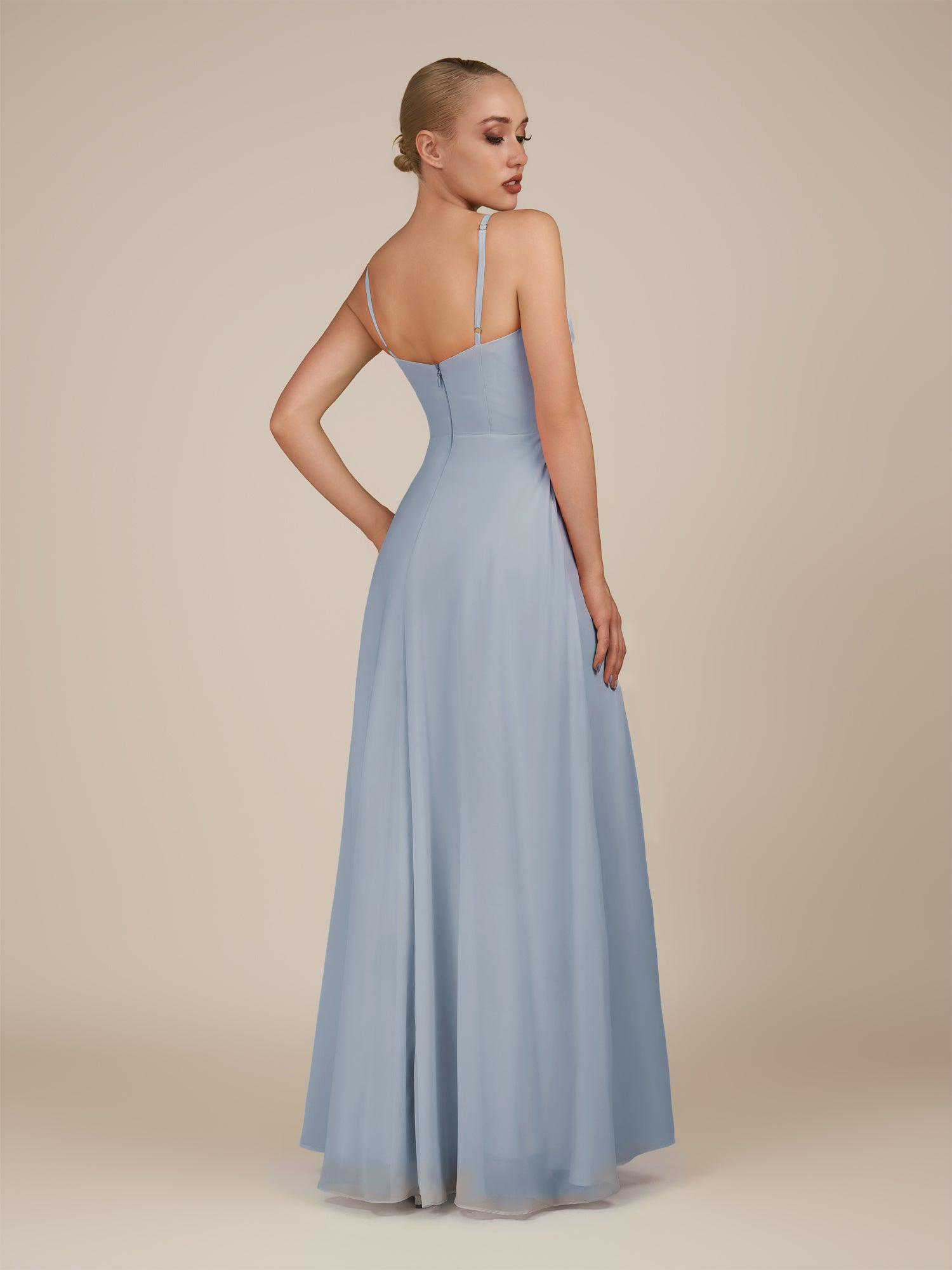 KissDress-Lavatera Dusty Blue A Line Chiffon V Neck Long Bridesmaid Dress with Ruffles